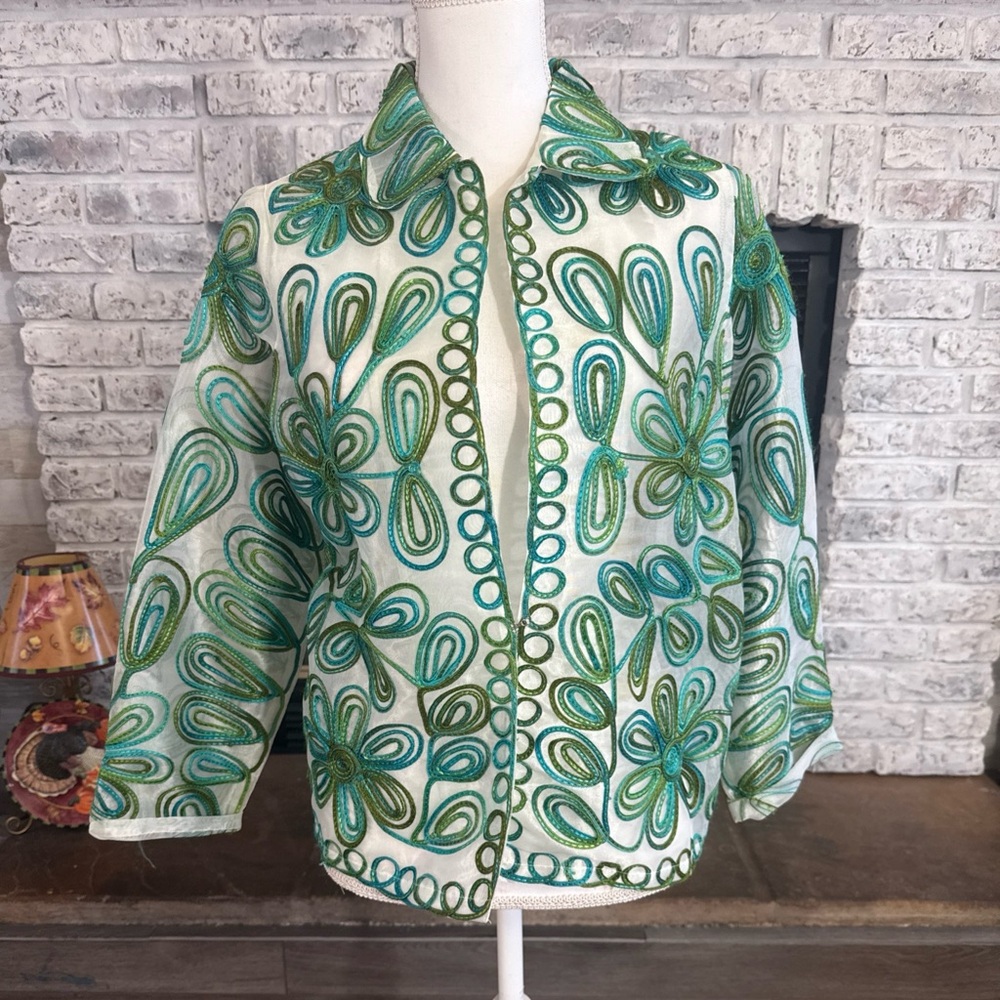 Laura Ashley Funky FIBER ART-to-WEAR Soutache Lime Jacket Blazer Medium Petite